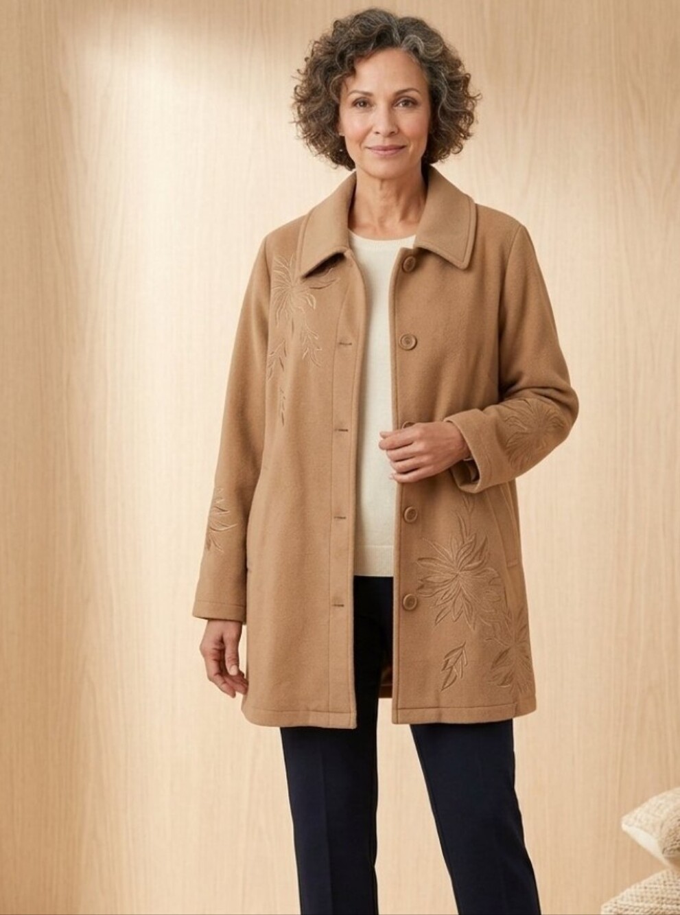 SUSAN GRAVER Women's Tan Embroidered Fleece Coat 2X